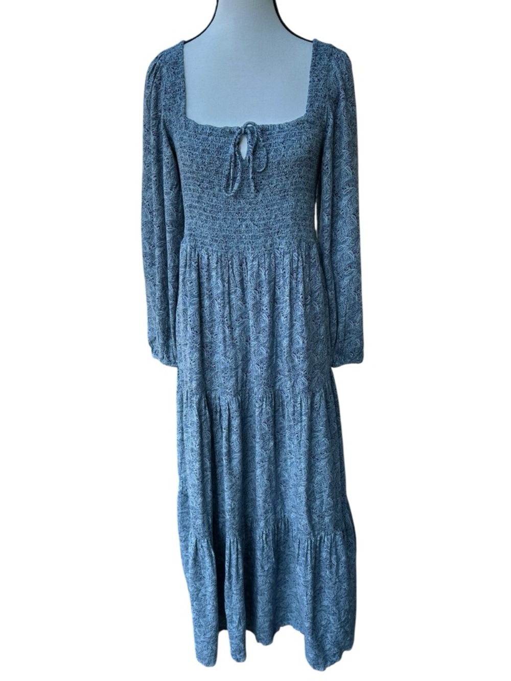 ABLE Blue Paisley Smocked Long Sleeve‎ Tiered Viscose Maxi Dress - Size Medium